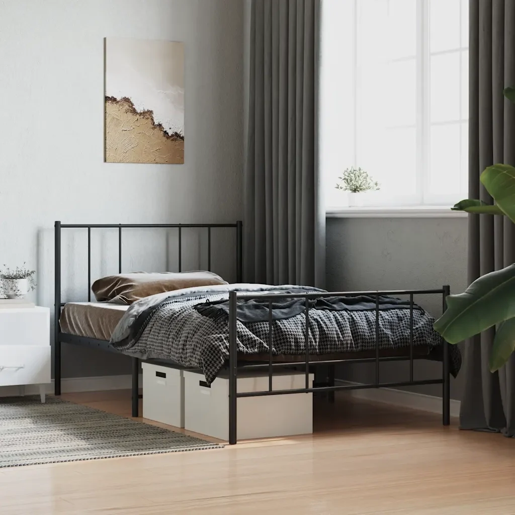 Letto singolo | Letto per adulti | Giroletto con Testiera e Pediera Metallo Nero 90x190 cm - Image 2