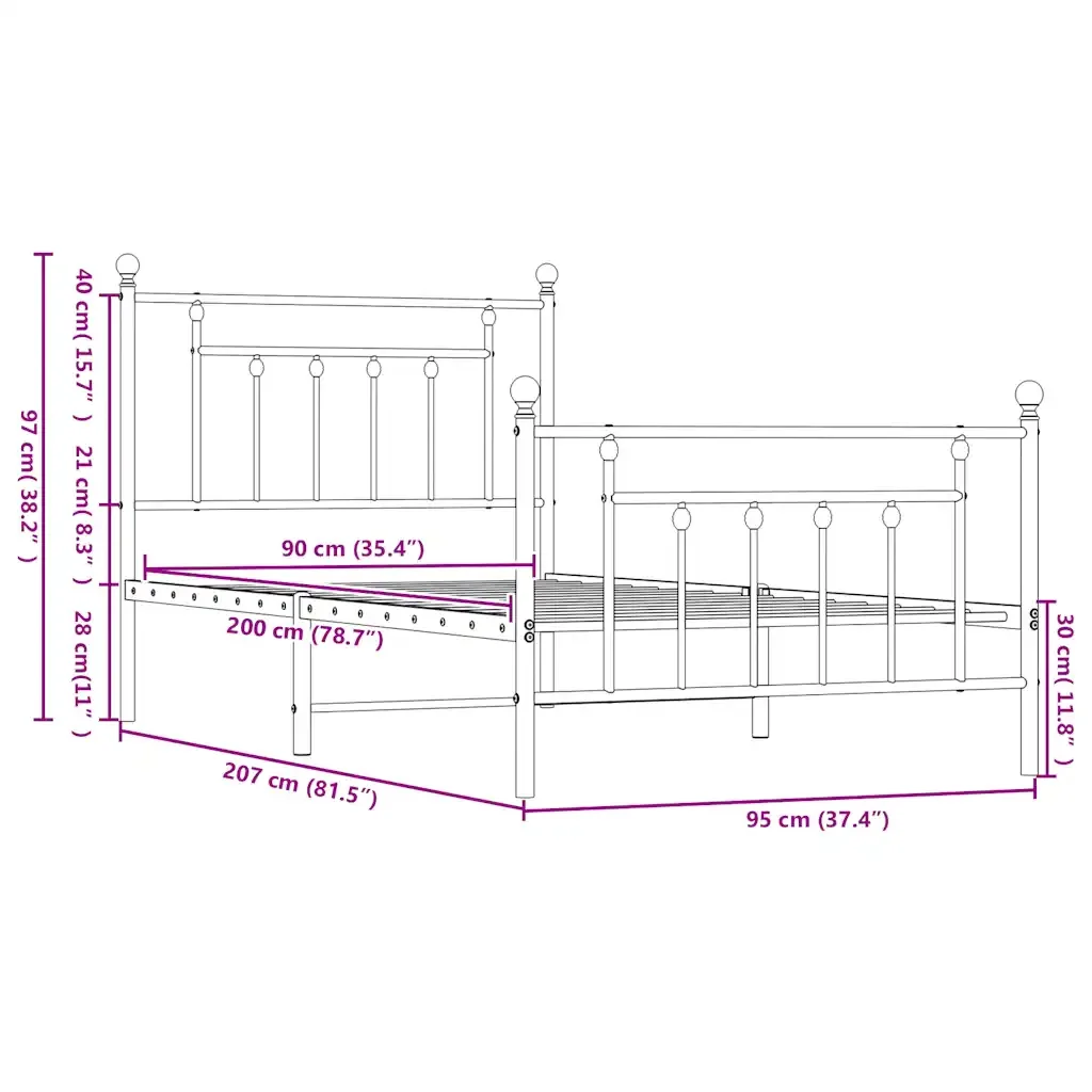 Letto singolo | Letto per adulti | Giroletto con Testiera e Pediera Metallo Nero 90x200 cm - Image 10