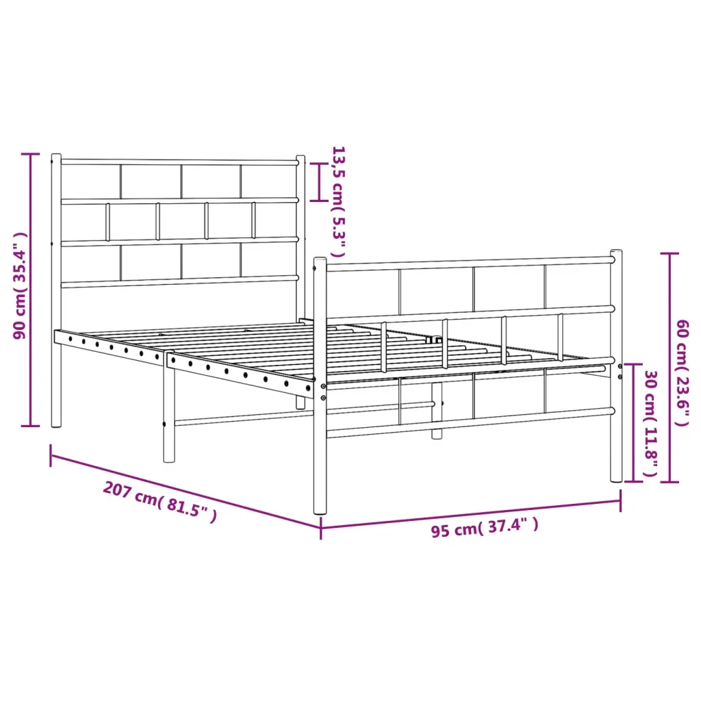 Letto singolo | Letto per adulti | Giroletto con Testiera e Pediera Metallo Nero 90x200 cm - Image 9