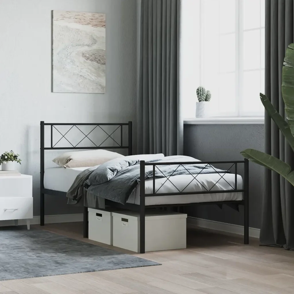 Letto singolo | Letto per adulti | Giroletto con Testiera e Pediera Metallo Nero 90x200 cm - Image 2
