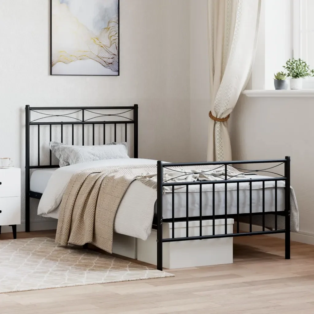 Letto singolo | Letto per adulti | Giroletto con Testiera e Pediera Metallo Nero 90x200 cm - Image 2