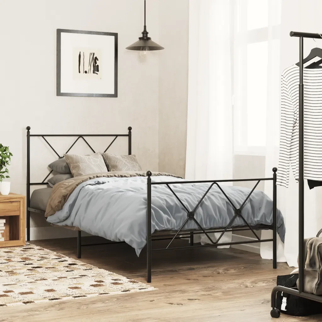 Letto singolo | Letto per adulti | Giroletto con Testiera e Pediera Metallo Nero 90x200 cm - Image 2