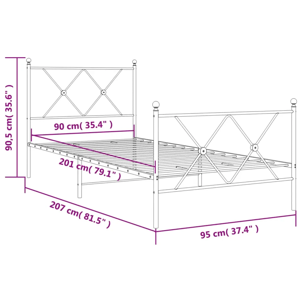 Letto singolo | Letto per adulti | Giroletto con Testiera e Pediera Metallo Nero 90x200 cm - Image 8