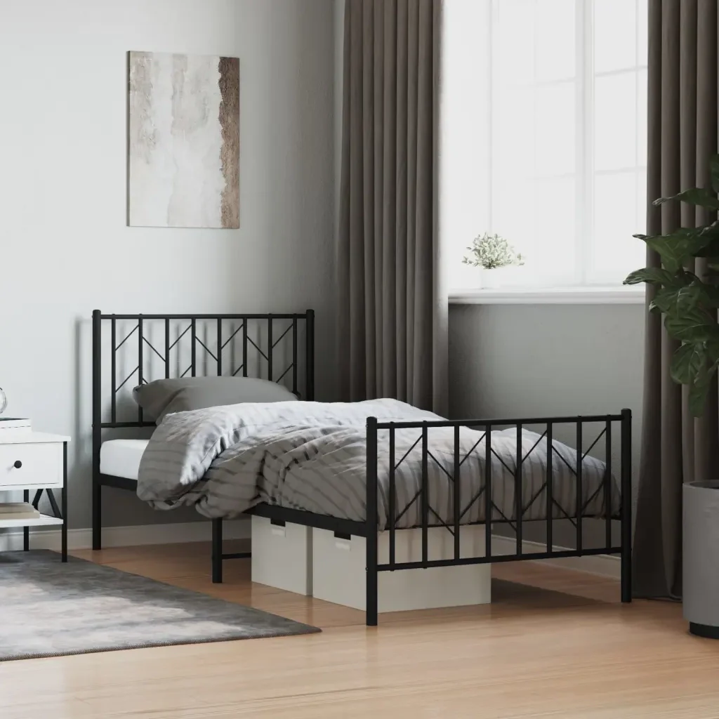 Letto singolo | Letto per adulti | Giroletto con Testiera e Pediera Metallo Nero 90x200 cm - Image 2