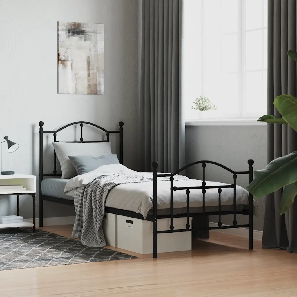 Letto singolo | Letto per adulti | Giroletto con Testiera e Pediera Metallo Nero 90x200 cm - Image 2