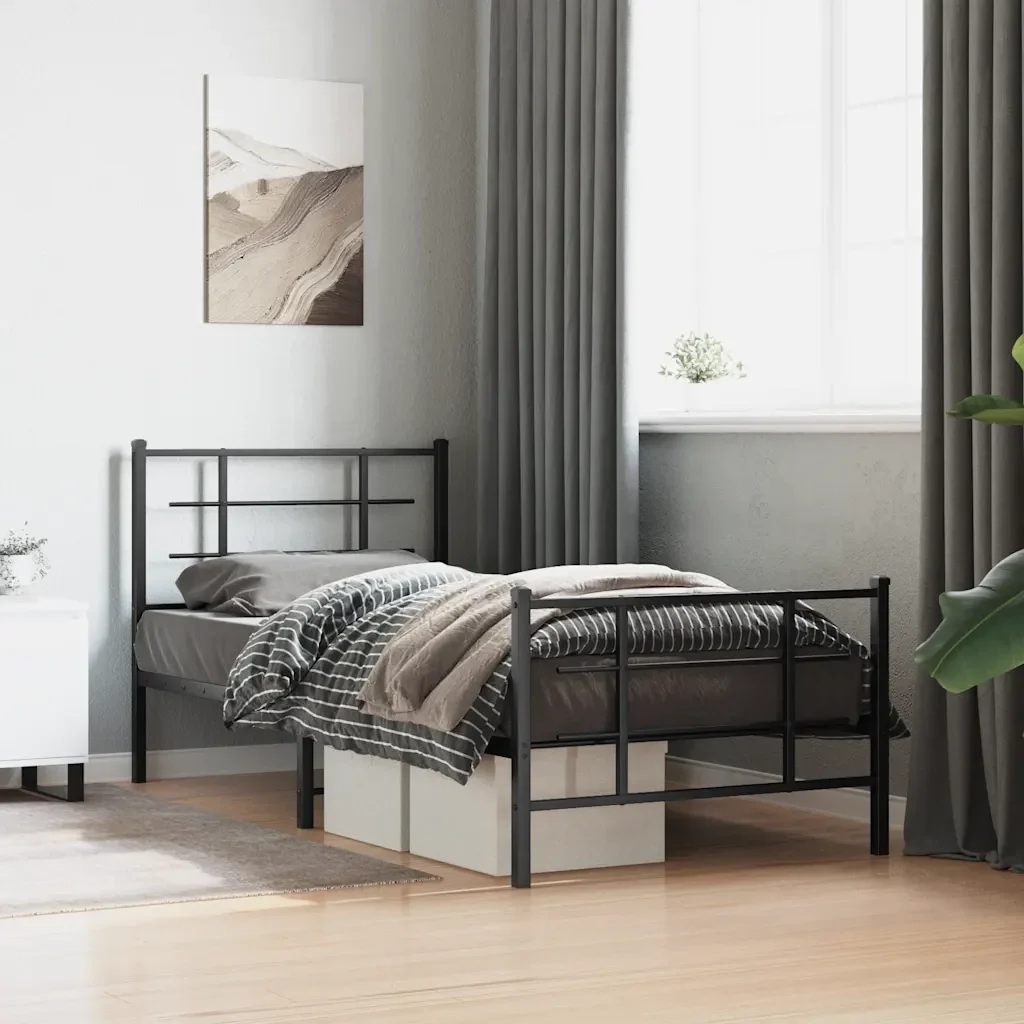 Letto singolo | Letto per adulti | Giroletto con Testiera e Pediera Metallo Nero 90x200 cm - Image 2
