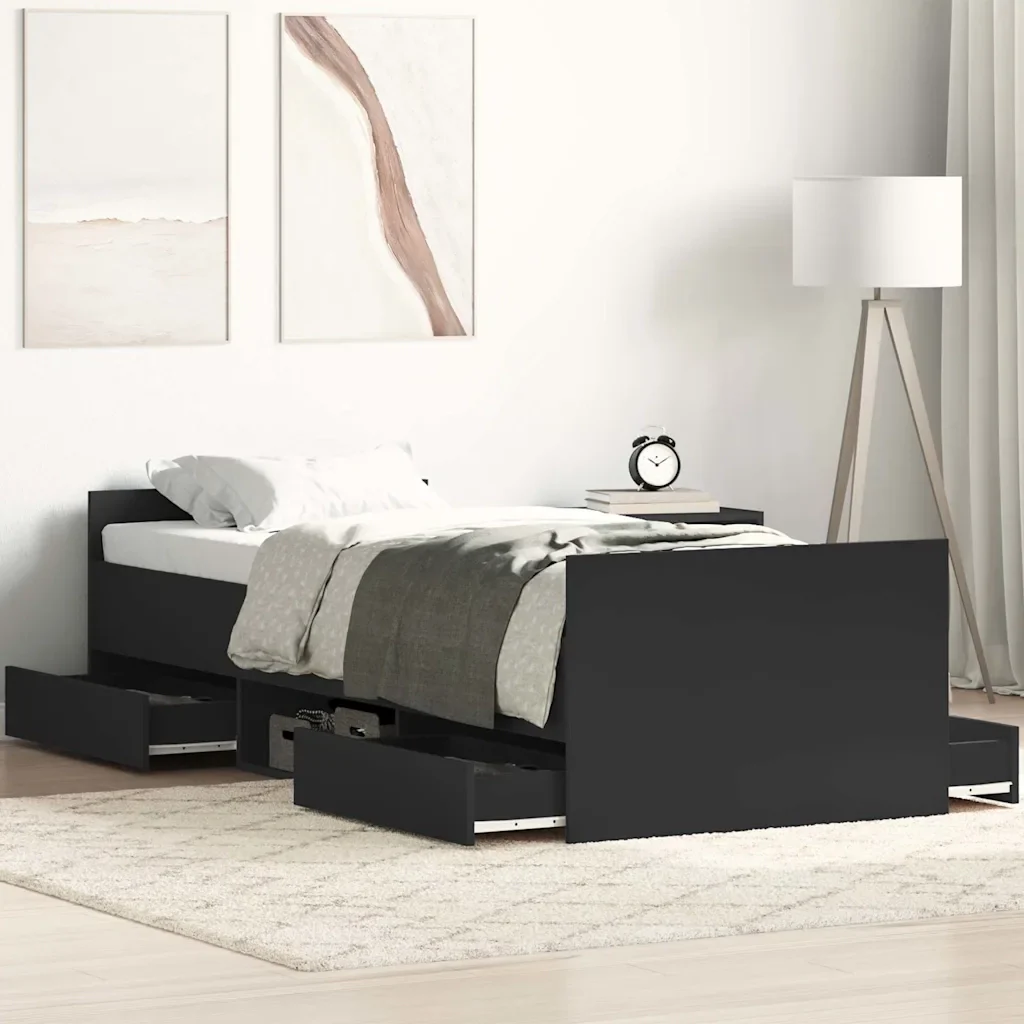 Letto singolo | Letto per adulti | Giroletto con Testiera e Pediera Nero 90x190 cm - Image 2