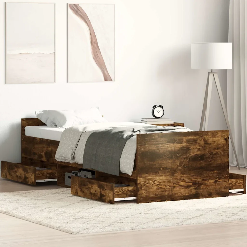 Letto singolo | Letto per adulti | Giroletto con Testiera e Pediera Rovere Fumo 100x200 cm - Image 2