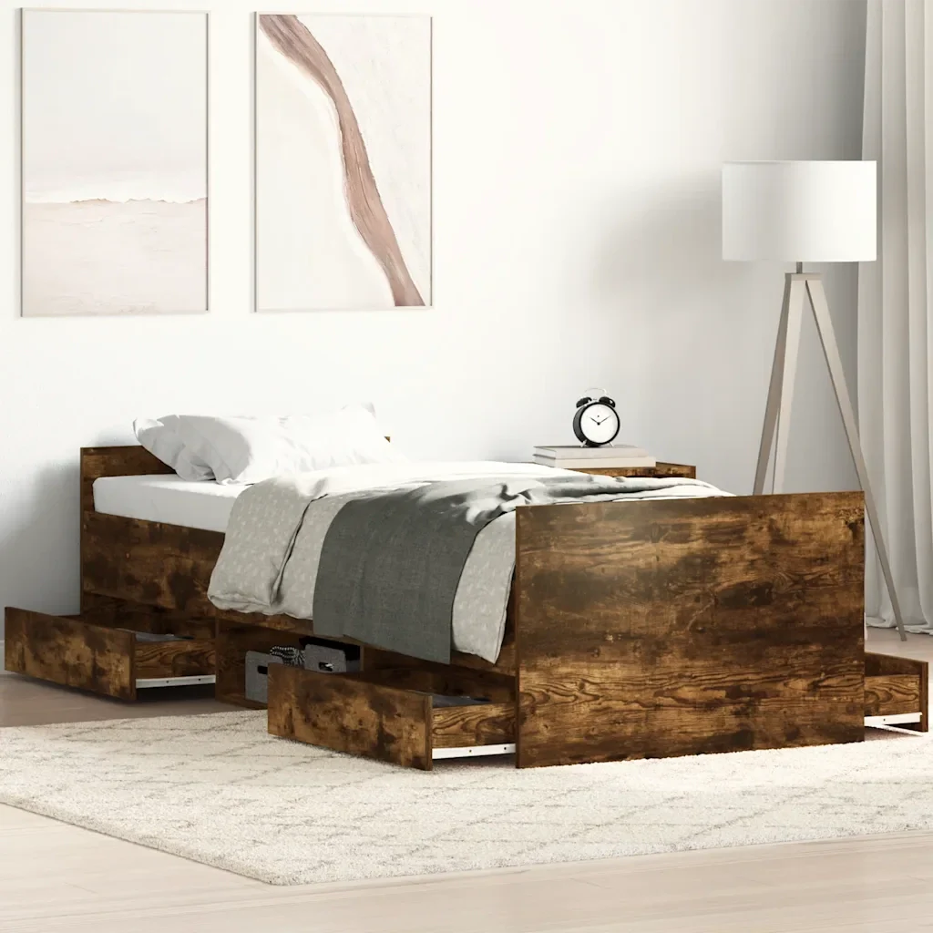 Letto singolo | Letto per adulti | Giroletto con Testiera e Pediera Rovere Fumo 90x200 cm - Image 2