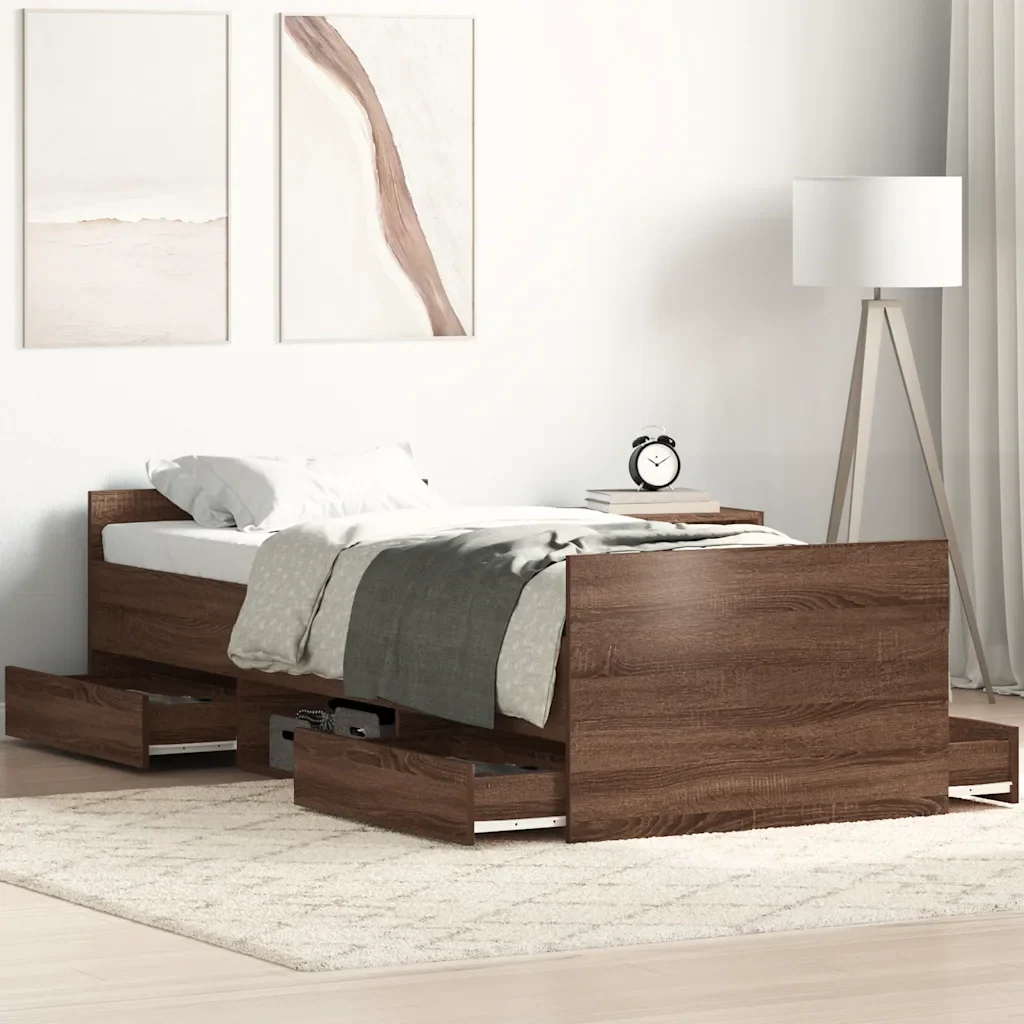 Letto singolo | Letto per adulti | Giroletto con Testiera e Pediera Rovere Marrone 75x190 cm - Image 2