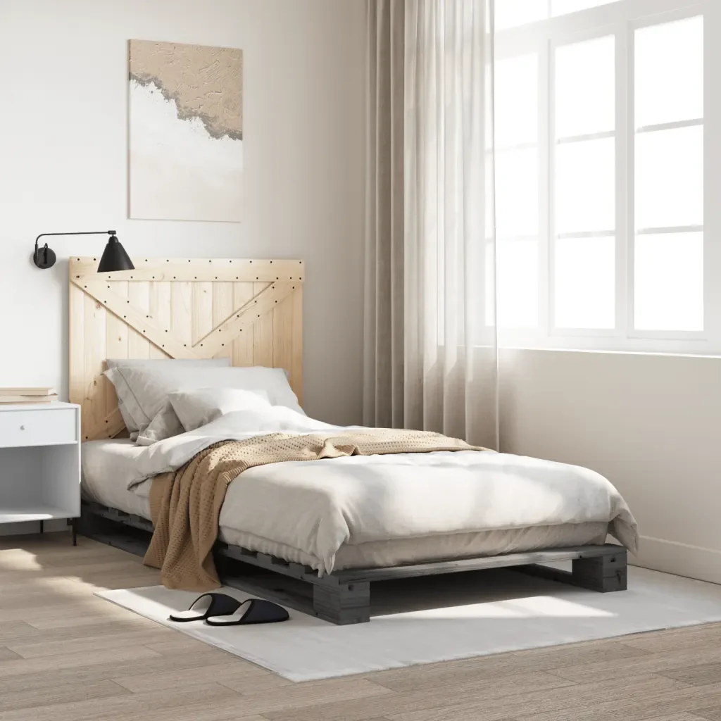 Letto singolo | Letto per adulti | Giroletto con Testiera Grigio 100x200 cm Legno Massello di Pino - Image 2