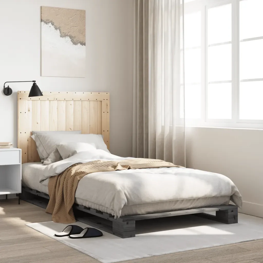 Letto singolo | Letto per adulti | Giroletto con Testiera Grigio 100x200 cm Legno Massello di Pino - Image 2
