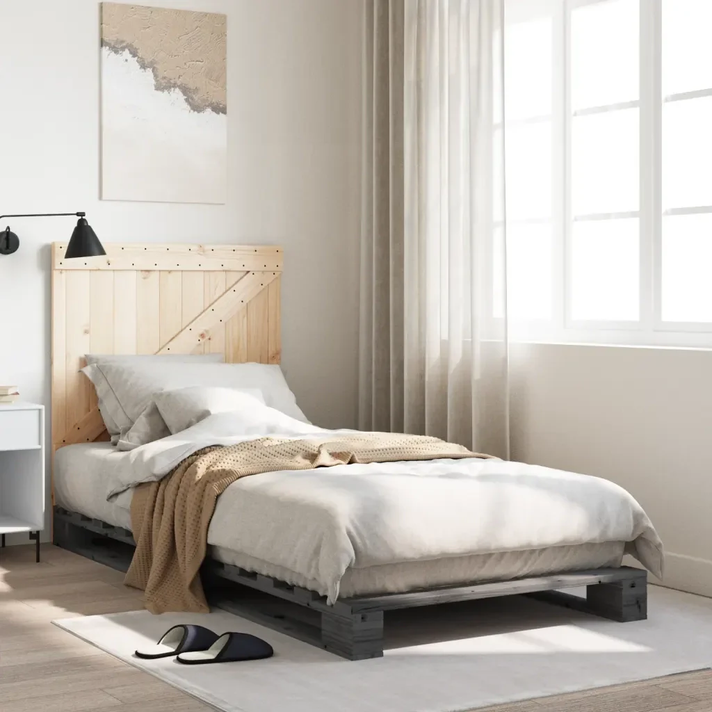 Letto singolo | Letto per adulti | Giroletto con Testiera Grigio 90x200 cm Legno Massello di Pino - Image 2