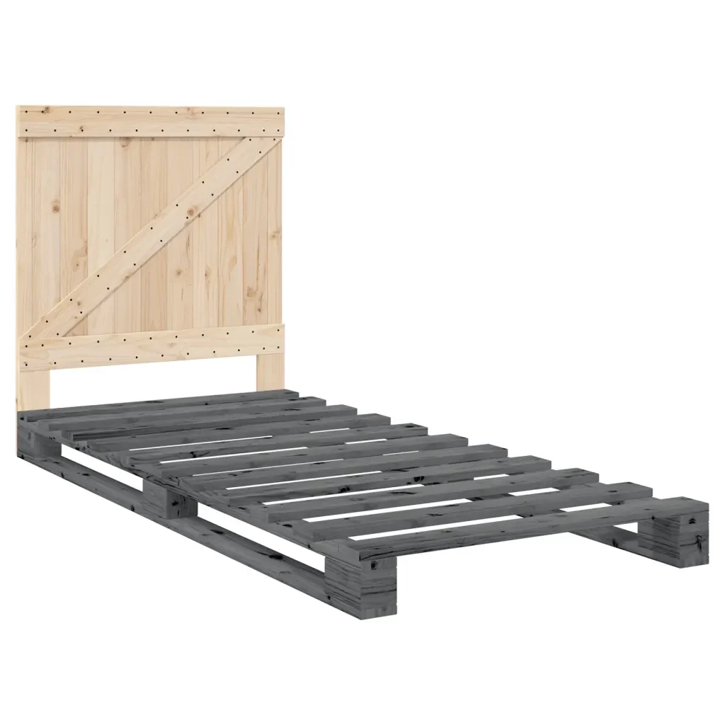Letto singolo | Letto per adulti | Giroletto con Testiera Grigio 90x200 cm Legno Massello di Pino - Image 3
