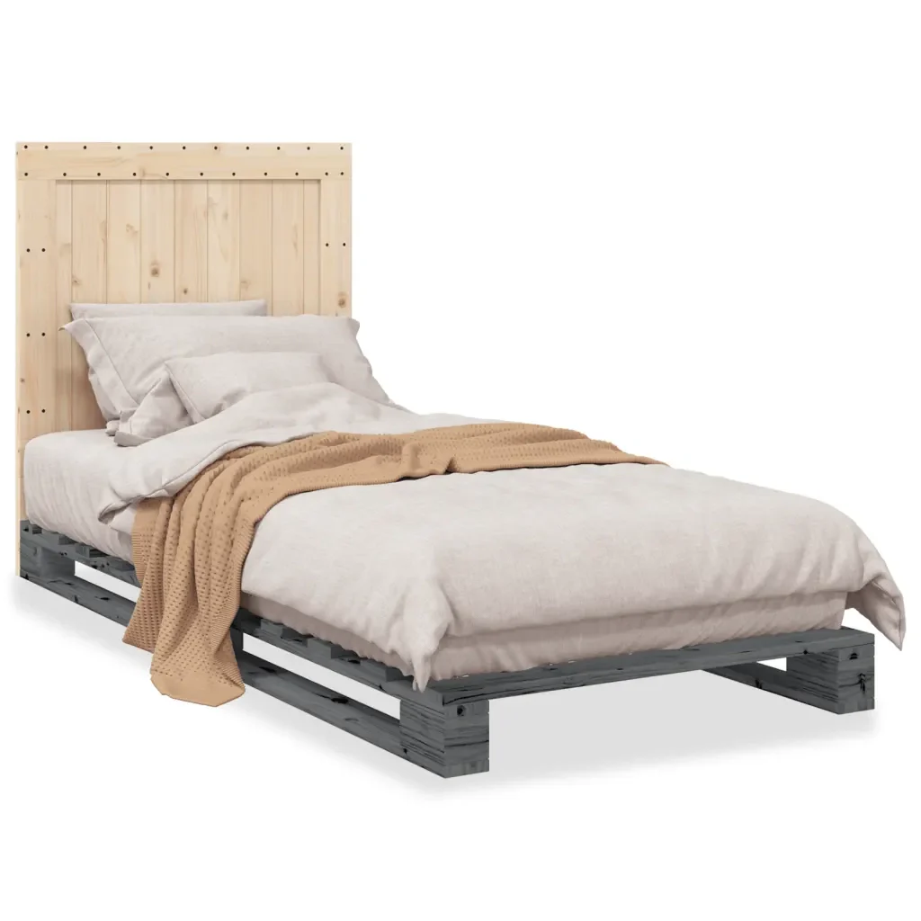 Letto singolo | Letto per adulti | Giroletto con Testiera Grigio 90x200 cm Legno Massello di Pino