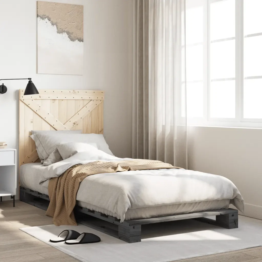 Letto singolo | Letto per adulti | Giroletto con Testiera Grigio 90x200 cm Legno Massello di Pino - Image 2