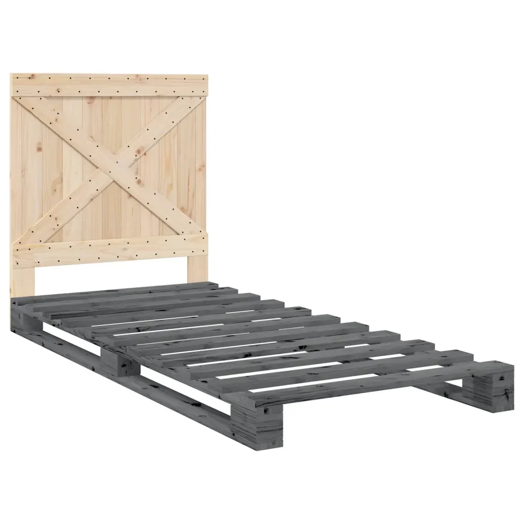 Letto singolo | Letto per adulti | Giroletto con Testiera Grigio 90x200 cm Legno Massello di Pino - Image 3