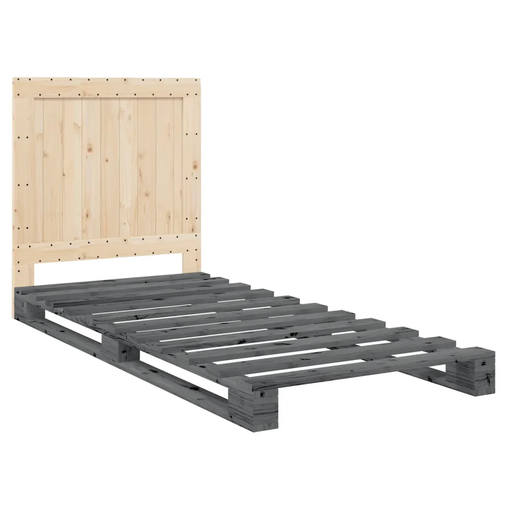 Letto singolo | Letto per adulti | Giroletto con Testiera Grigio 90x200 cm Legno Massello di Pino - Image 4
