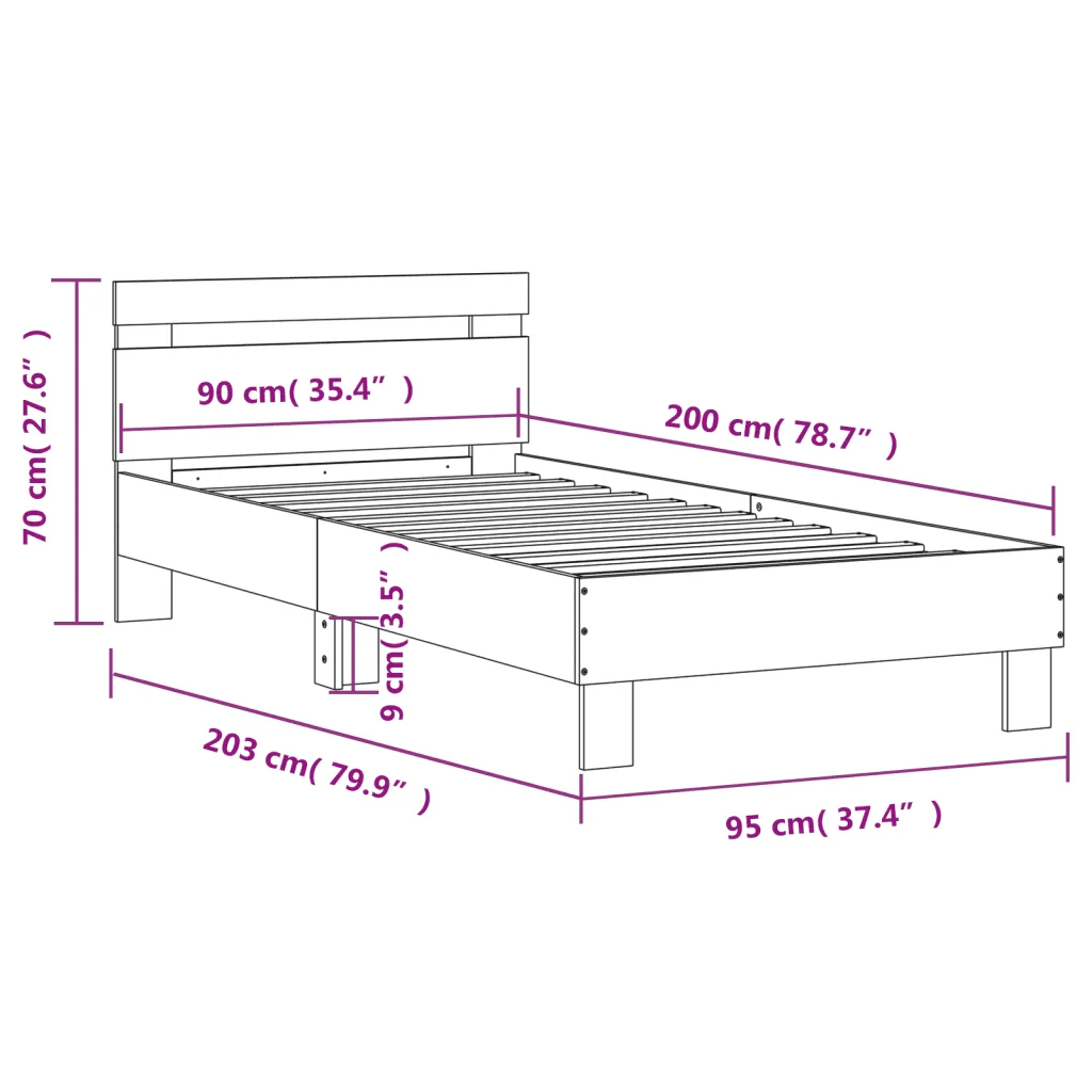 Letto singolo | Letto per adulti | Giroletto con Testiera Grigio Sonoma 90x200cm Legno Multistrato - Image 10