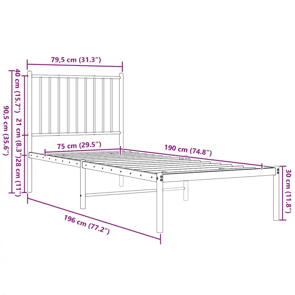 Letto singolo | Letto per adulti | Giroletto con Testiera in Metallo Nero 75x190 cm - Image 9