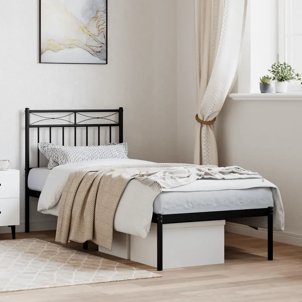 Letto singolo | Letto per adulti | Giroletto con Testiera in Metallo Nero 75x190 cm - Image 2