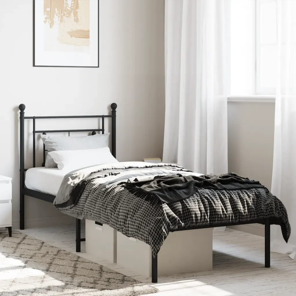 Letto singolo | Letto per adulti | Giroletto con Testiera in Metallo Nero 75x190 cm - Image 2