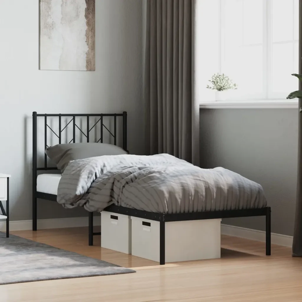 Letto singolo | Letto per adulti | Giroletto con Testiera in Metallo Nero 75x190 cm - Image 2