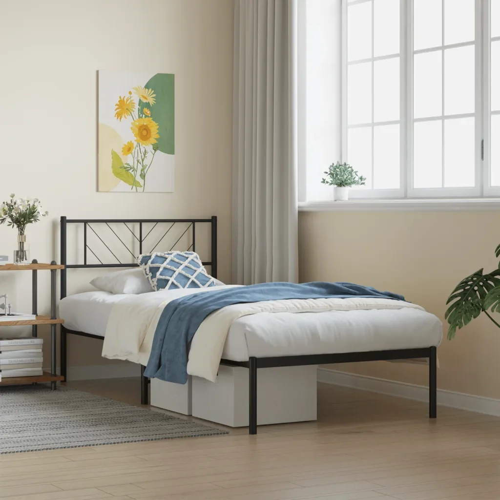 Letto singolo | Letto per adulti | Giroletto con Testiera in Metallo Nero 75x190 cm - Image 2