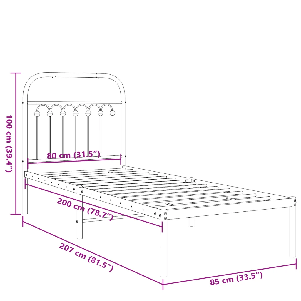 Letto singolo | Letto per adulti | Giroletto con Testiera in Metallo Nero 80x200 cm - Image 8