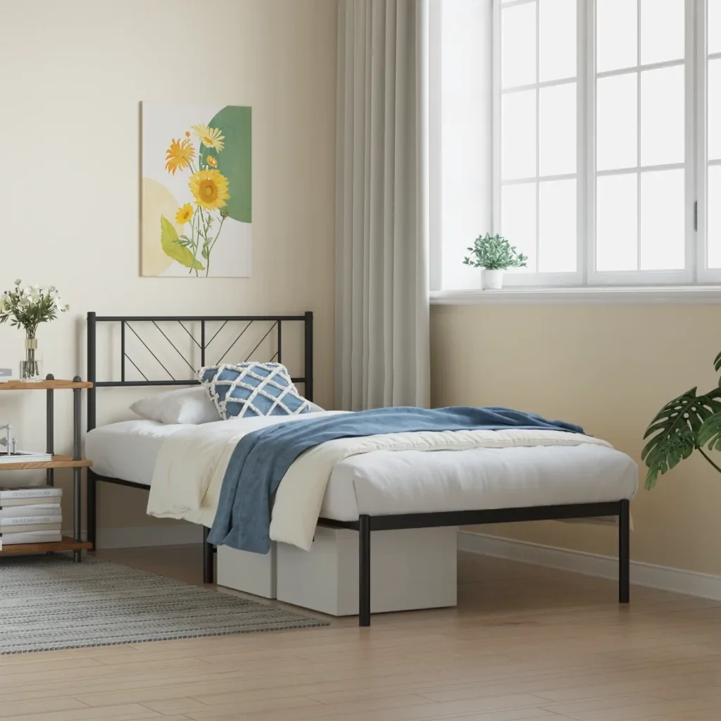 Letto singolo | Letto per adulti | Giroletto con Testiera in Metallo Nero 80x200 cm - Image 2
