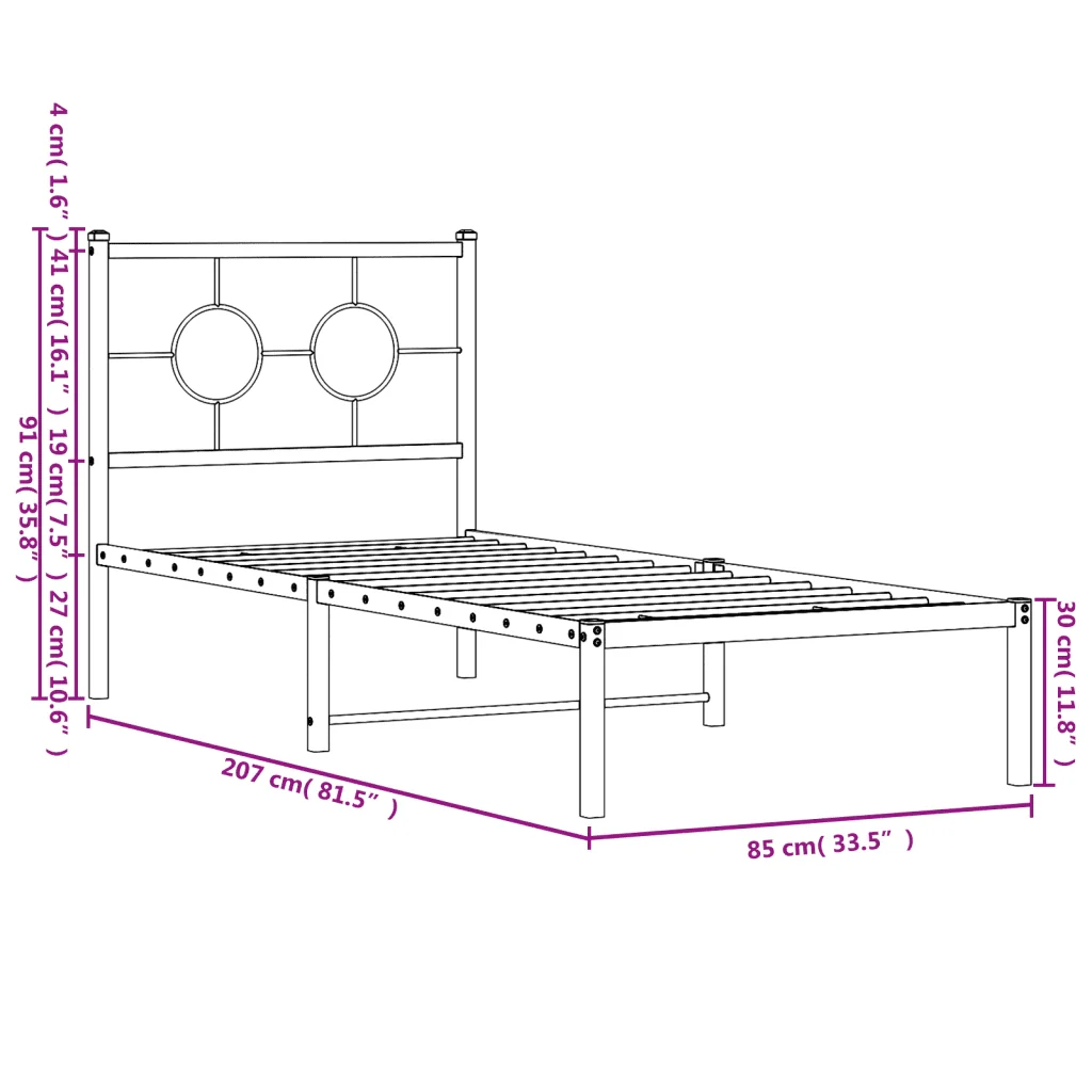 Letto singolo | Letto per adulti | Giroletto con Testiera in Metallo Nero 80x200 cm - Image 10