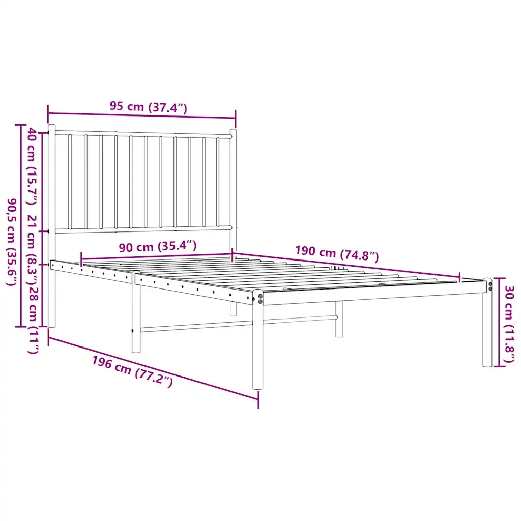 Letto singolo | Letto per adulti | Giroletto con Testiera in Metallo Nero 90x190 cm - Image 9