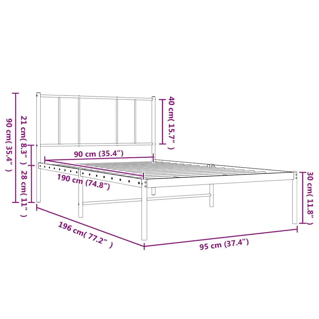 Letto singolo | Letto per adulti | Giroletto con Testiera in Metallo Nero 90x190 cm - Image 10