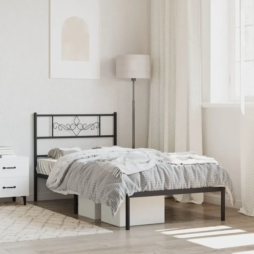 Letto singolo | Letto per adulti | Giroletto con Testiera in Metallo Nero 90x190 cm - Image 2