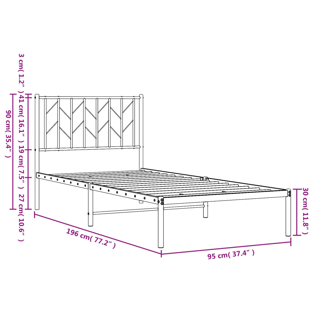 Letto singolo | Letto per adulti | Giroletto con Testiera in Metallo Nero 90x190 cm - Image 10