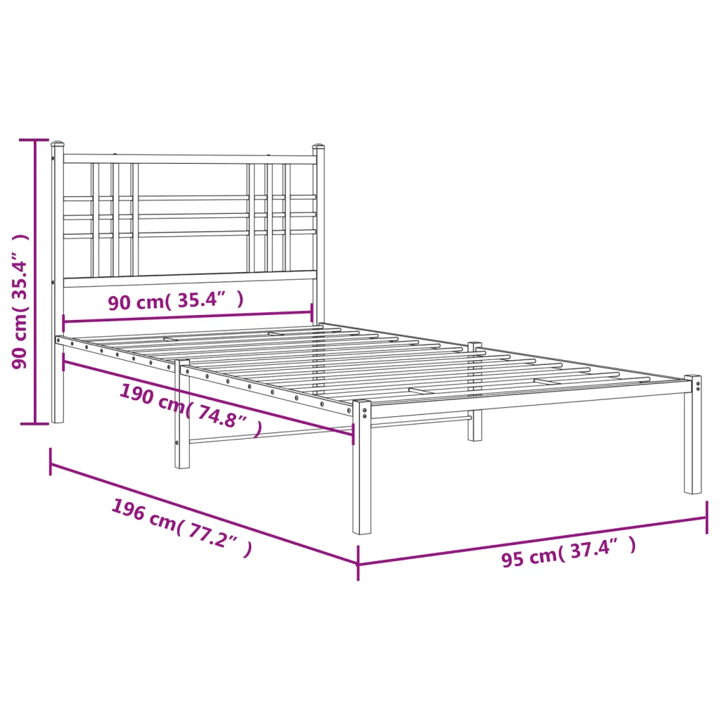 Letto singolo | Letto per adulti | Giroletto con Testiera in Metallo Nero 90x190 cm - Image 8