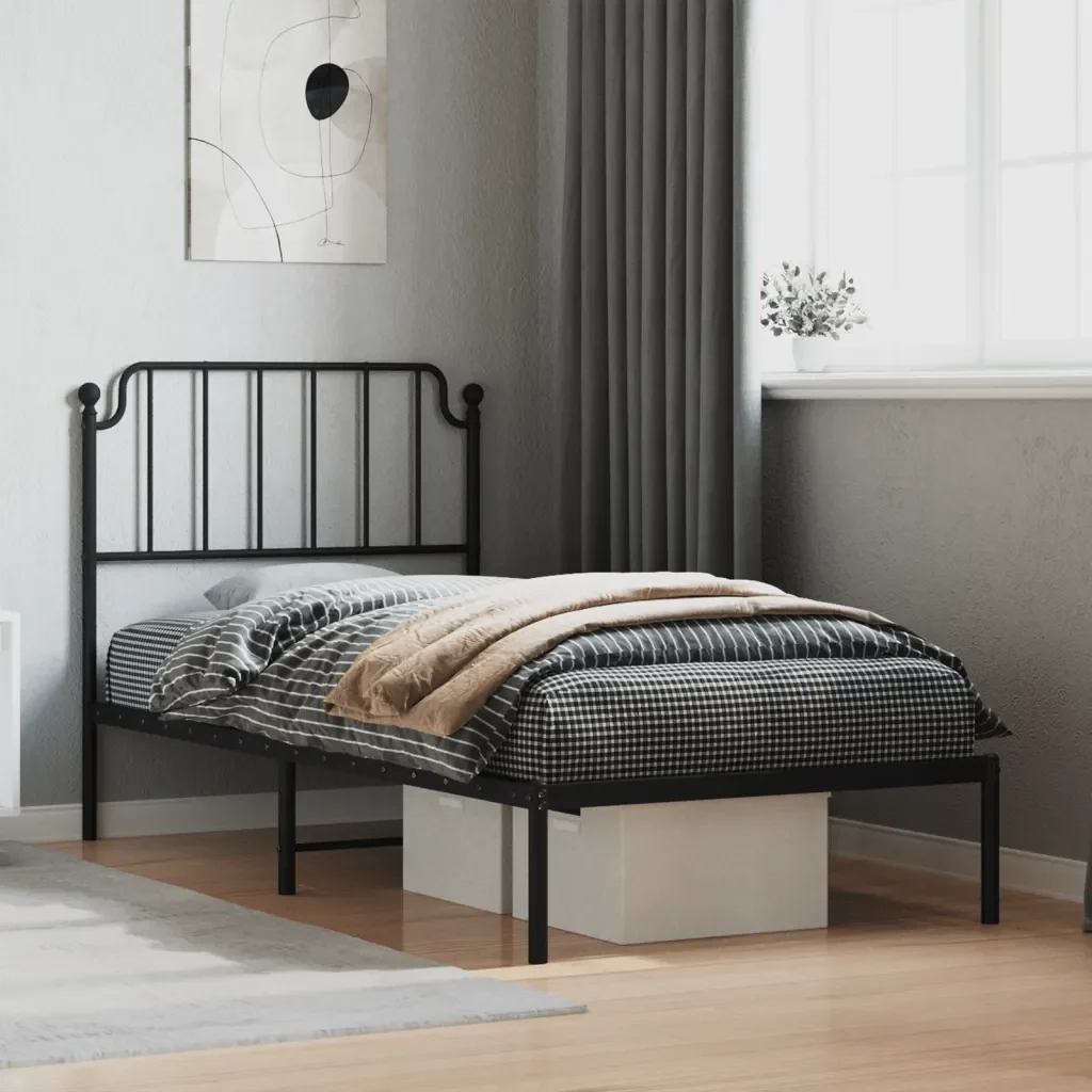 Letto singolo | Letto per adulti | Giroletto con Testiera in Metallo Nero 90x200 cm - Image 2