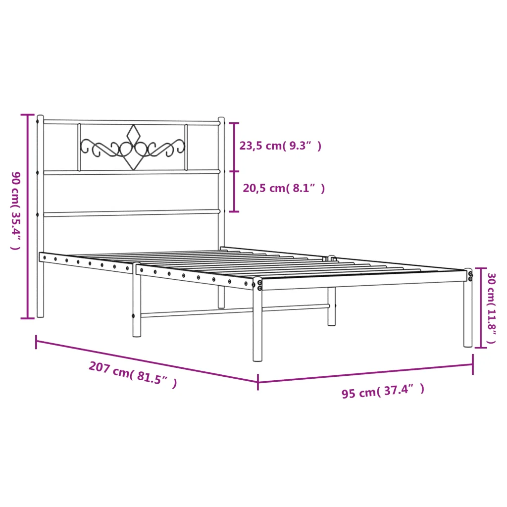 Letto singolo | Letto per adulti | Giroletto con Testiera in Metallo Nero 90x200 cm - Image 9