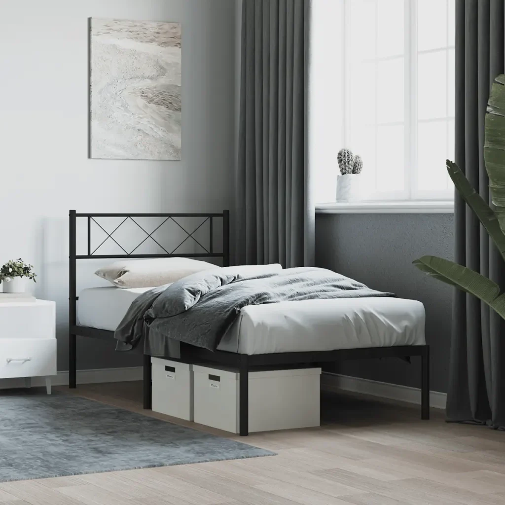 Letto singolo | Letto per adulti | Giroletto con Testiera in Metallo Nero 90x200 cm - Image 2