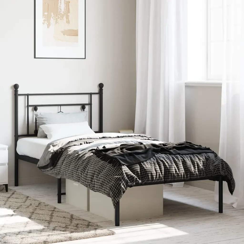 Letto singolo | Letto per adulti | Giroletto con Testiera in Metallo Nero 90x200 cm - Image 2
