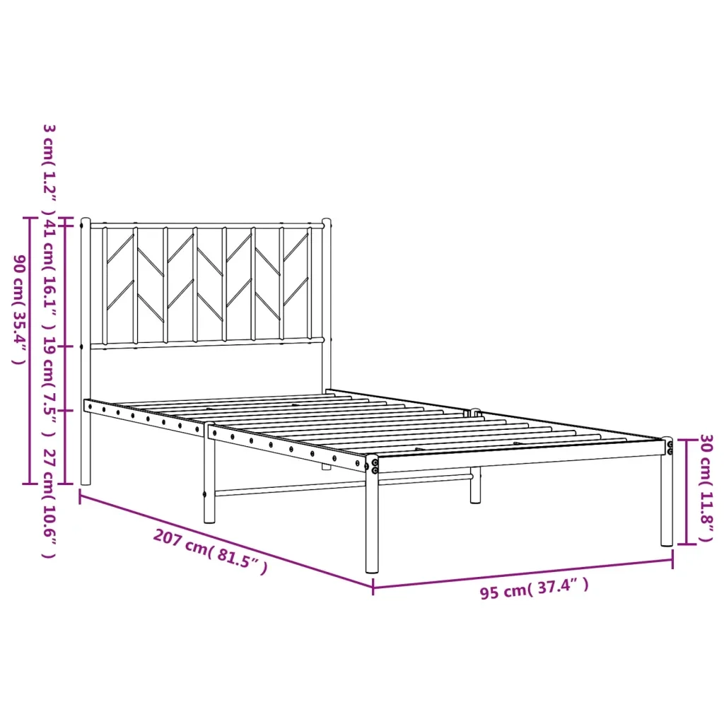 Letto singolo | Letto per adulti | Giroletto con Testiera in Metallo Nero 90x200 cm - Image 10