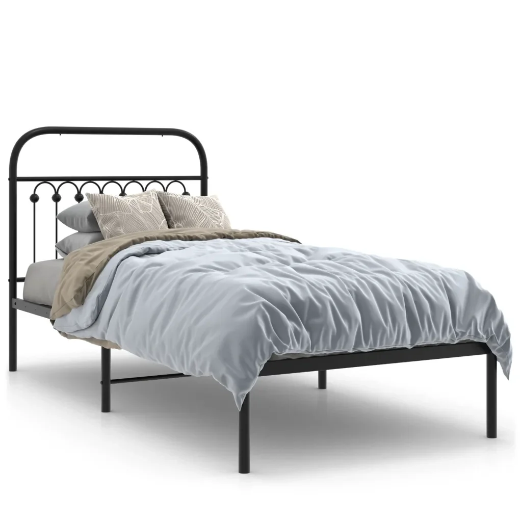 Letto singolo | Letto per adulti | Giroletto con Testiera in Metallo Nero 90x200 cm