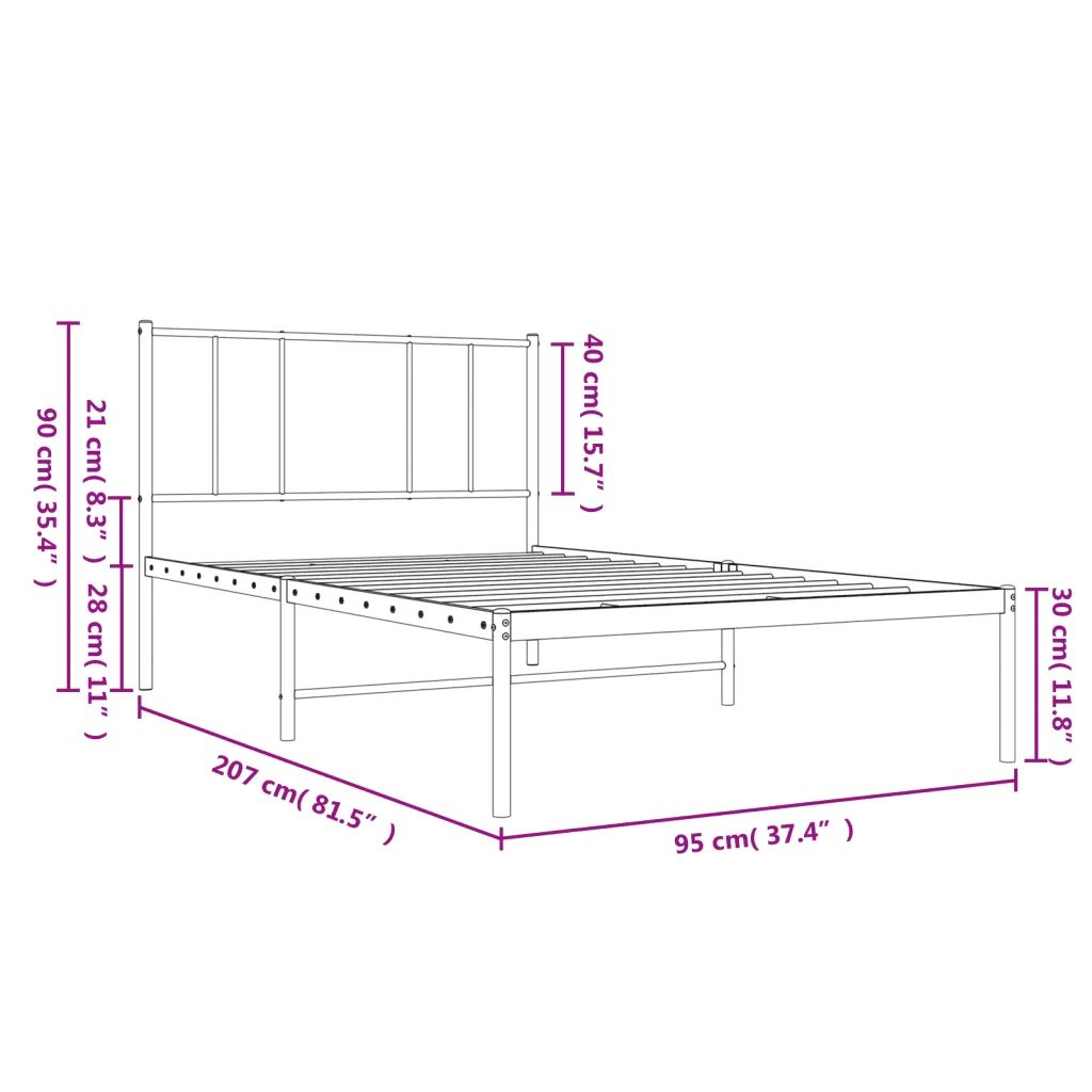 Letto singolo | Letto per adulti | Giroletto con Testiera in Metallo Nero 90x200 cm - Image 10