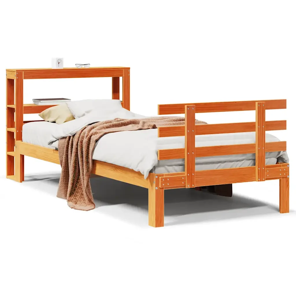 Letto singolo | Letto per adulti | Giroletto con Testiera Marrone Cera 100x200 cm Massello Pino