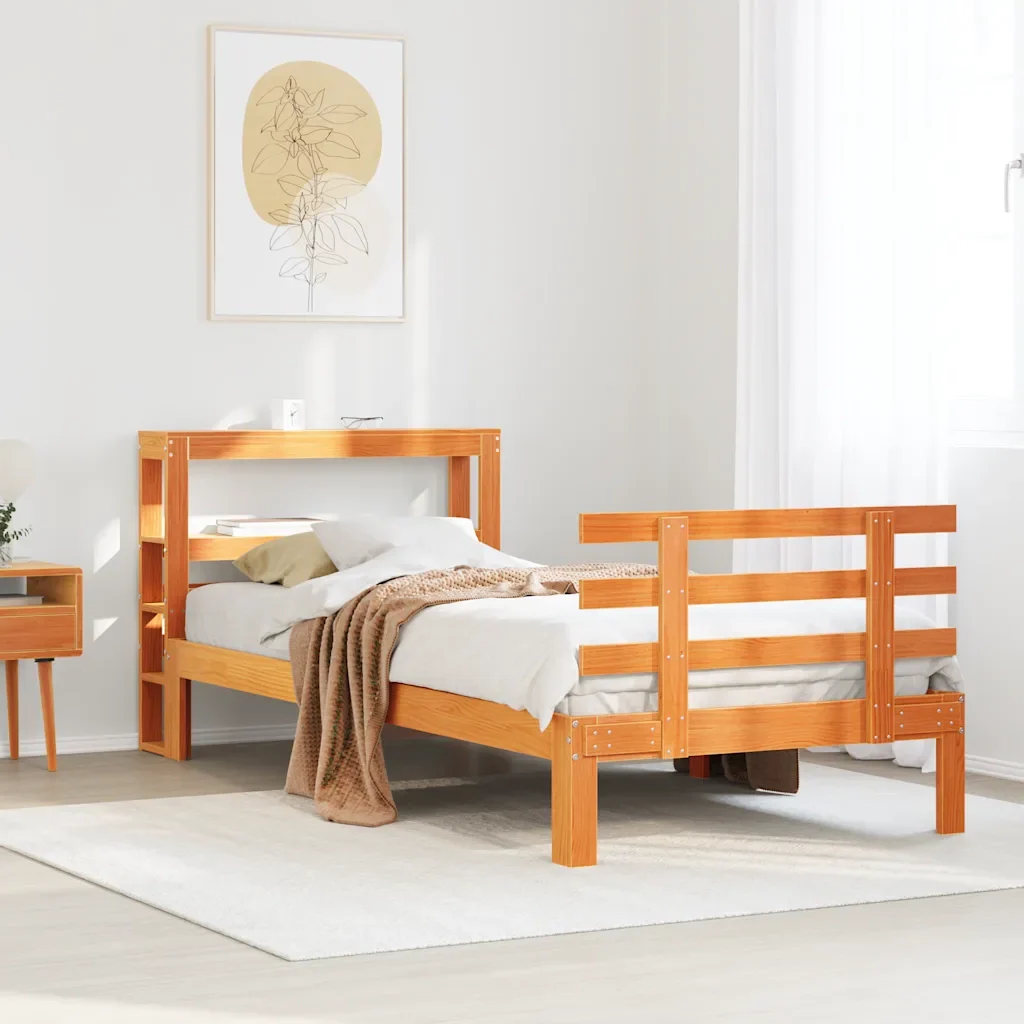 Letto singolo | Letto per adulti | Giroletto con Testiera Marrone Cera 100x200 cm Massello Pino - Image 2