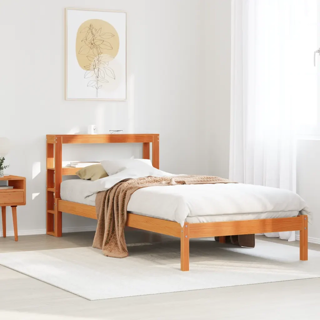 Letto singolo | Letto per adulti | Giroletto con Testiera Marrone Cera 100x200 cm Massello Pino - Image 2