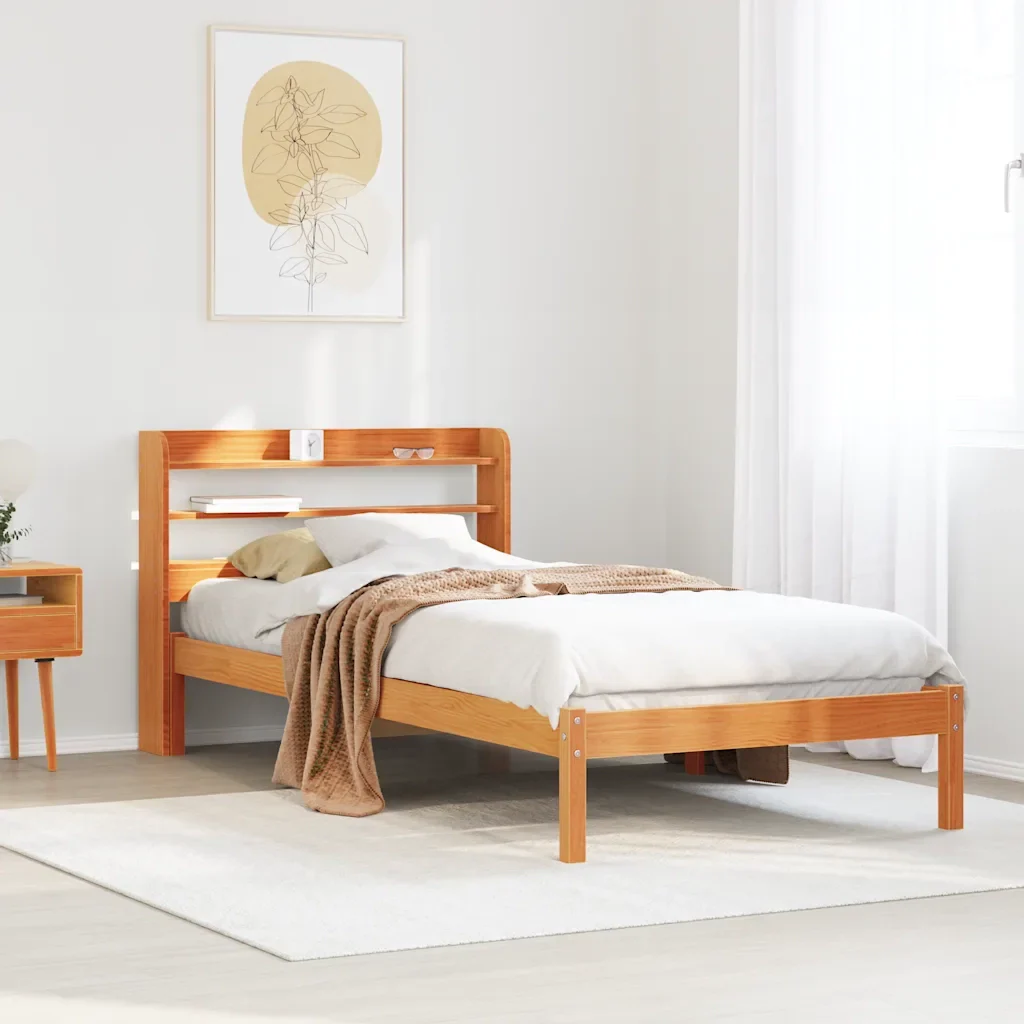 Letto singolo | Letto per adulti | Giroletto con Testiera Marrone Cera 100x200 cm Massello Pino - Image 2