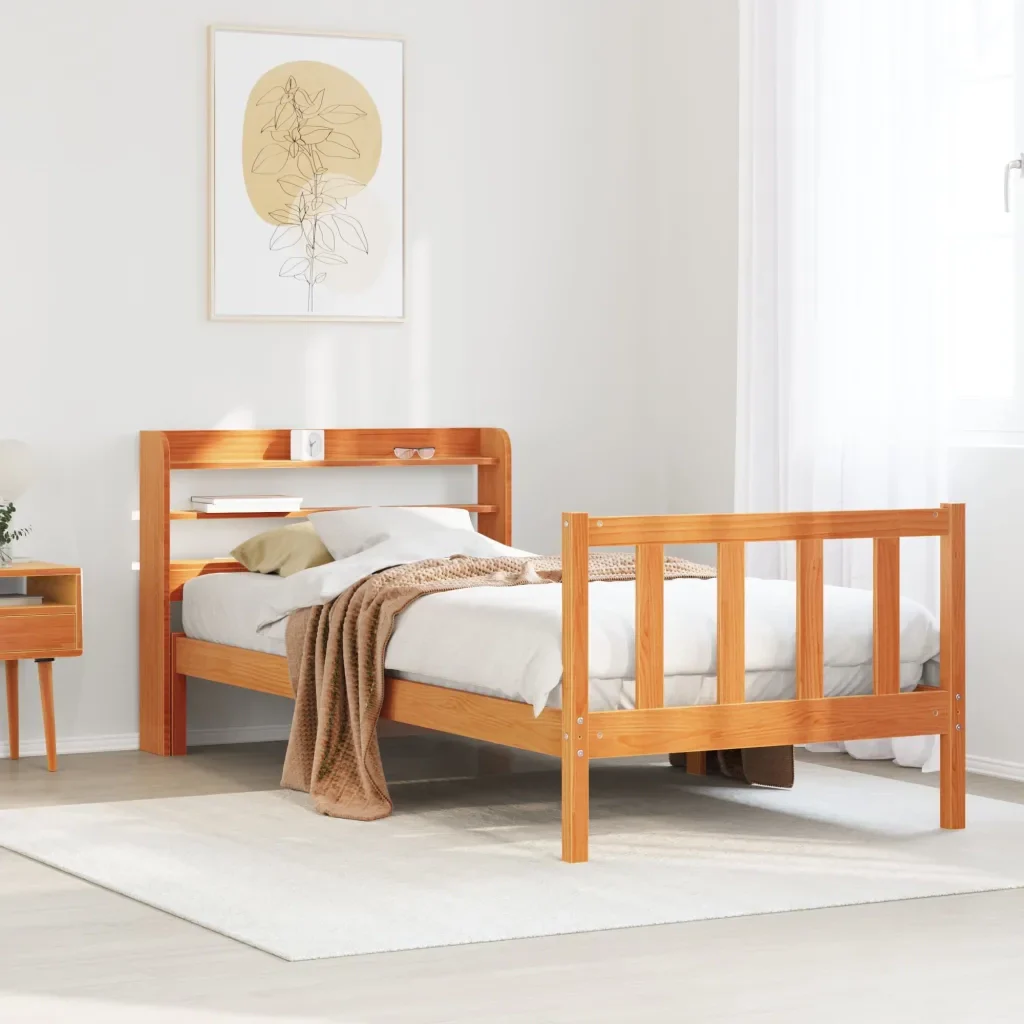 Letto singolo | Letto per adulti | Giroletto con Testiera Marrone Cera 100x200 cm Massello Pino - Image 2