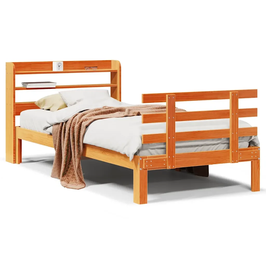 Letto singolo | Letto per adulti | Giroletto con Testiera Marrone Cera 100x200 cm Massello Pino