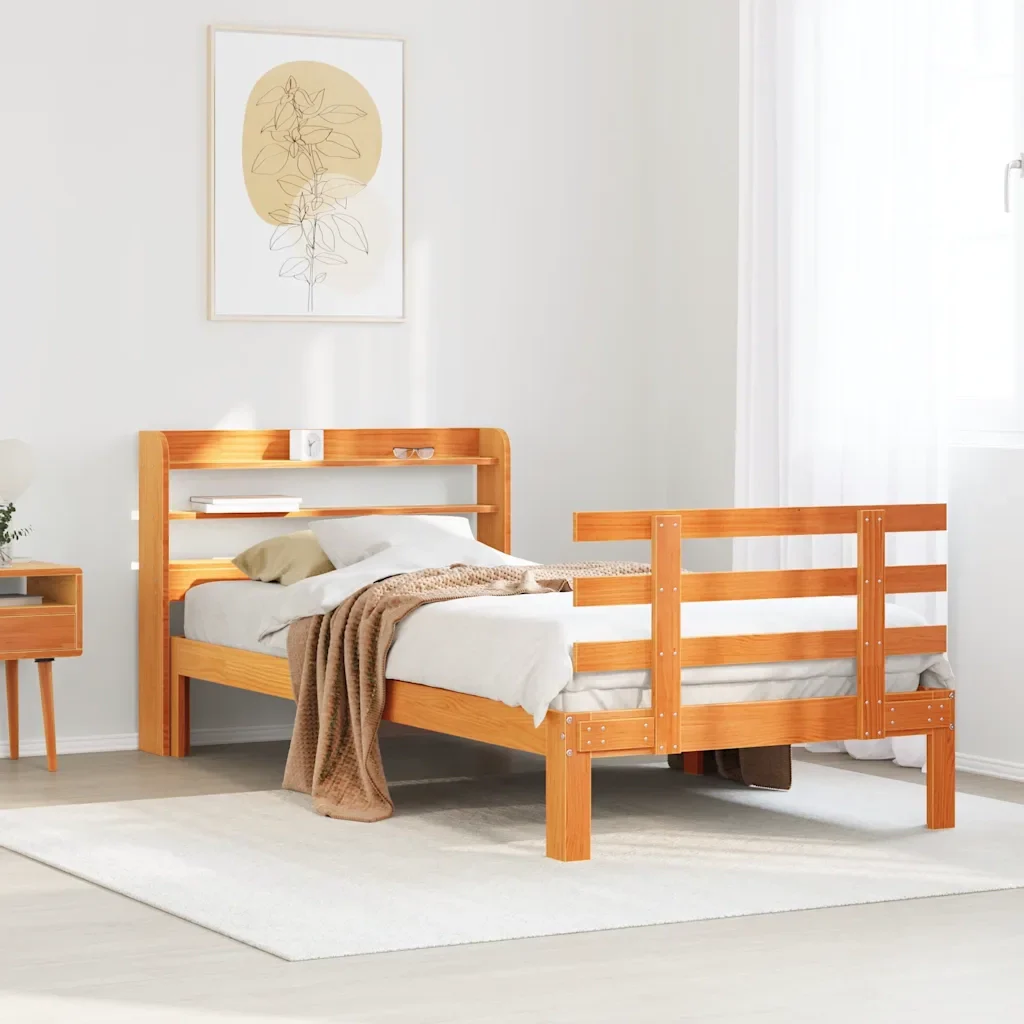 Letto singolo | Letto per adulti | Giroletto con Testiera Marrone Cera 100x200 cm Massello Pino - Image 2